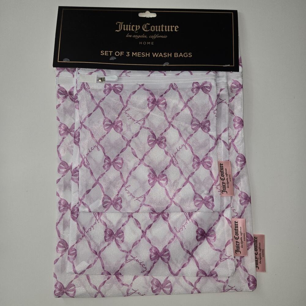 Juicy Couture Home Purple Bow Logo Coquette Set of 3 Mesh Wash Bags